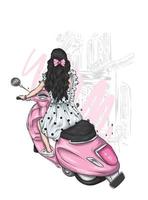 vacker flicka i snygga kläder på en vintage moped. mode och stil, kläder och accessoarer. vektor
