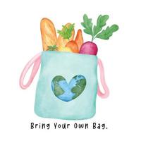 ein Grün umweltfreundlich wiederverwendbar Stoff Tasche Einkaufen Tasche voll von frisch Gemüse mit eart Herz geformt Aquarell Hand Zeichnung Illustration, bringen Ihre besitzen Tasche. vektor