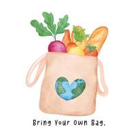 umweltfreundlich wiederverwendbar Stoff Tasche Einkaufen Tasche voll von frisch Gemüse Aquarell Hand Zeichnung Illustration, bringen Ihre besitzen Tasche. vektor