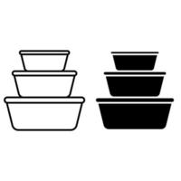 plast mat behållare översikt vektor ikon uppsättning. matlagning kastruller illustration tecken samling. linjär stil tecken för mobil begrepp och webb design.