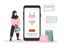 online Einkaufen auf Webseite oder Handy, Mobiltelefon App. islamisch Frau kauft ein modern Unterwäsche beim online Dessous speichern. das Produkt Katalog auf das Netz Browser Buchseite. Vektor Illustration im eben Karikatur Stil