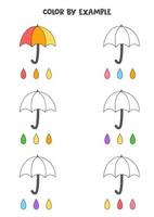 Farbe niedlichen Regenschirmen durch Beispiele. Arbeitsblatt für Kinder. vektor