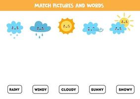 passende Wetterereignisse und die Wörter. Lernspiel für Kinder. vektor