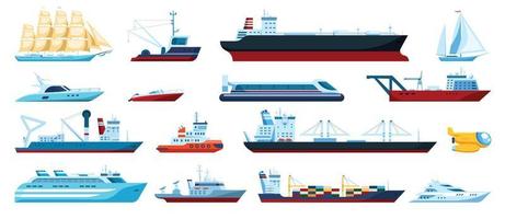 eben Meer Transporte. Geschwindigkeit Boote, Yachten, Kreuzfahrt, Angeln Schiffe, U-Boot. Ladung Schiff mit Versand Behälter. maritim Transport Vektor einstellen