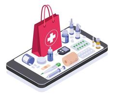 isometrisch online Apotheke speichern. Medizin Produkt oder Ausrüstung auf Smartphone Bildschirm. Kauf Medikation online, Medikamente Lieferung Vektor Konzept