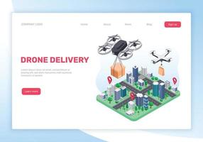 Drohne Lieferung. Drohnen liefern Pakete zu Kunden. Lieferung Bedienung Konzept mit fliegend Quadkopter und Stadt Karte Vektor Landung Seite