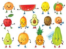 Karikatur Obst Figuren. komisch orange, Ananas, Apfel, Avocado, Zitrone mit süß Gesichter. glücklich lächelnd tropisch Früchte Maskottchen Vektor einstellen