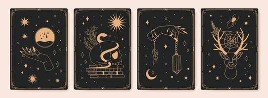 Magie spirituell Tarot Karten mit Mystiker Okkulte Symbole. Jahrgang graviert Boho esoterisch Tarot Karte mit Kristalle, Sterne, Mond Vektor einstellen