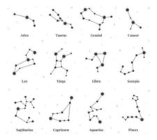 Tierkreis Konstellation Zeichen, Astrologie Horoskop Sterne Symbole. Wassermann, Löwe, Zwillinge, Schütze, Fische. Sternbilder Zeichen Vektor einstellen