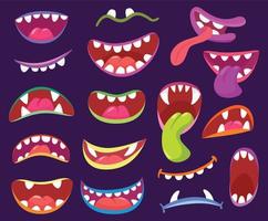 tecknad serie halloween skrämmande monster mun med tänder och tunga. rolig monster tecken uttryck, varelser öppen mun med huggtänder vektor uppsättning