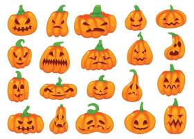 tecknad serie halloween pumpor med skrämmande ansikten, falla dekor element. söt orange pumpa lykta med läskigt ansikte, höst dekoration vektor uppsättning