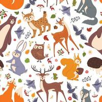 Wald Tiere nahtlos Muster, süß Wald Tier. eben Karikatur Fuchs, tragen, Kaninchen, Reh, Igel Zeichen zum Kinder Vektor drucken
