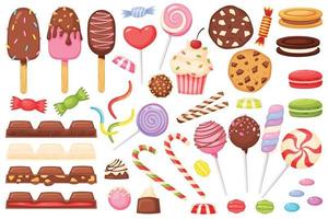 Karikatur Süßigkeiten, Süßigkeiten, Nachspeisen, Lutscher, Schokolade. Süssigkeit, Cupcake, Makronen, Eis Creme, Gelee Wurm. Süss Süßwaren Dessert Vektor einstellen