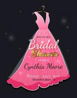 lyxig och elegant brud- dusch inbjudan kort med modern rosa bröllop klänning på en kläder galge. vektor illustration med bröllop klänning på svart bakgrund.