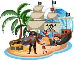 Piratenschiff auf der Insel mit vielen Kindern lokalisiert auf weißem Hintergrund vektor