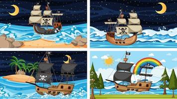 Satz Ozean mit Piratenschiff zu verschiedenen Zeiten Szenen im Cartoon-Stil vektor