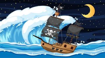 Ozean mit Piratenschiff bei Nachtszene im Karikaturstil vektor