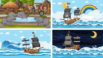 Reihe von verschiedenen Szenen mit Tieren im Zoo und Piratenschiff am Meer vektor