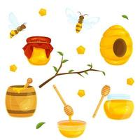 uppsättning ljus vektor illustration, honung och bin, bi bikupa, en tunna av honung, honung bigård