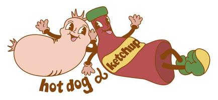 heiß Hund und Ketchup. retro Karikatur Illustration mit Beschriftung. Stil von 1970-s. vektor