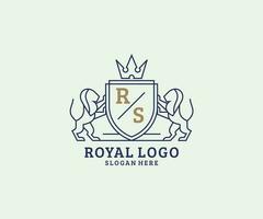 första rs brev lejon kunglig lyx logotyp mall i vektor konst för restaurang, kungligheter, boutique, Kafé, hotell, heraldisk, Smycken, mode och Övrig vektor illustration.
