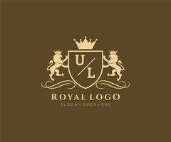 Initiale ul Brief Löwe königlich Luxus heraldisch, Wappen Logo Vorlage im Vektor Kunst zum Restaurant, Königtum, Boutique, Cafe, Hotel, heraldisch, Schmuck, Mode und andere Vektor Illustration.
