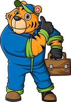 das Charakter von ein groß Tiger tragen ein Mechanik Uniform Kostüm ist posieren mit ein Aktentasche vektor