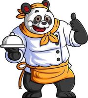 ein süß Karikatur Panda Arbeiten wie ein Fachmann Koch, Tragen ein Stahl Teller und posieren mit ein Daumen oben vektor