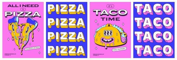 modisch psychedelisch Plakate einstellen mit komisch schnell Essen Figuren. trippy Pizza Scheibe und verrückt modern Taco. Vorderseite und zurück Seite Poster Design. Vektor Illustration.