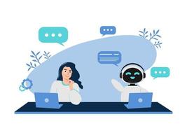 Illustration mit ein Roboter und ein Frau Wer kommunizieren im ein Plaudern bot. Illustration mit ein ai Chatbot. gemacht im ein minimalistisch eben Stil, Blau Schatten sind gebraucht. vektor