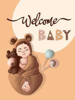 herzlich willkommen Baby Karte, süß Vektor Illustration eben