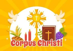 corpus christi katolik religiös Semester vektor illustration med fest dag, korsa, bröd och vindruvor i platt tecknad serie hand dragen affisch mallar