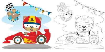 Vektor Karikatur von Katze Fahren Geschwindigkeit Auto mit ein Mäuse Tragen kariert Flagge, Färbung Buch oder Seite