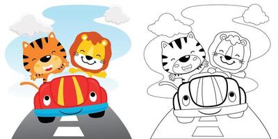 Vektor Karikatur von Tiger und Löwe auf komisch Auto, Färbung Buch oder Seite