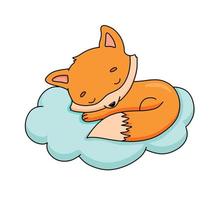 süß träumend Baby Fuchs auf Wolke. Karikatur Hand gezeichnet Vektor Illustration. Baby Tier isoliert auf Weiß