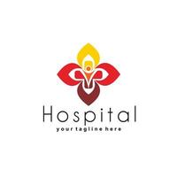 hälsa logotyp design för sjukhus, klinik, apotek, eller hälsa Produkter och företag företag, med trogen korsa form med röd och orange mänsklig ikon inuti vektor