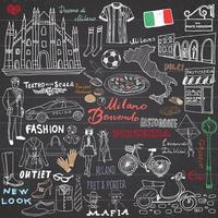 Milano Italien skisselement. handritad uppsättning med duomokatedralen, flagga, karta, sko, modeartiklar, pizza, shoppinggata, transport och traditionell mat. ritning doodle samling, på svarta tavlan vektor