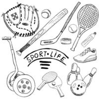 sport skiss doodles element. handritad uppsättning med basebollträ och handske, segway bowlong, hokkey tennisartiklar, ritning doodle samling, isolerad på vit bakgrund. vektor