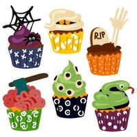 en uppsättning av realistisk muffins för halloween. kusligt dekorerad cupcakes, tema liten kakor för oktober 31 och en skrämmande efterrätt uppsättning av tecknad serie vektor illustrationer. bakning för halloween. dag av de död-