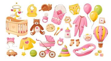 Baby Mädchen Dusche Satz. Artikel zum Baby Pflege. ein einstellen von Spielzeuge, Kleider und Möbel zum ein Neugeborene Mädchen. es ist ein Mädchen. Karikatur Vektor Illustration.