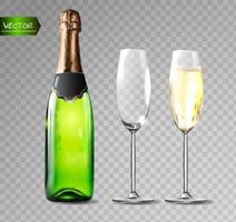 champagneflaska och champagneglas på transparent bakgrund. vektor illustration.