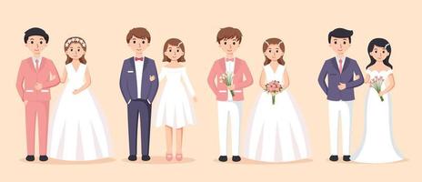 einstellen von Braut im Weiß Kleid und Bräutigam im Anzug. Paar Hochzeit Vektor Illustration