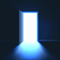 öppen dörr i mörk rum symbol av hoppas lösning eller möjlighet. ljus i rum genom öppen dörr. vektor illustration