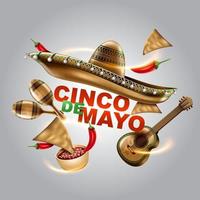 cinco de mayo mexikansk semester. sombrero hatt, maracas och tacos och festlig mat. vektor illustration.