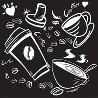 kaffekoppen och svartvitt klotterbild för utrustning för kaffekoncept.