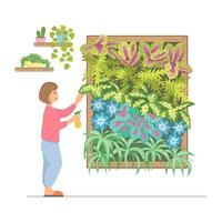 en flicka tar vård av henne krukväxter, biofil interiör design, inomhus- trädgård vektor
