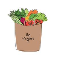Papier Tasche mit Gemüse. vegan Einkaufen Vektor Konzept. Öko Einkaufen Tasche. bunt Hand gezeichnet Vektor Illustration zum Banner, Karte, Poster. vegan Null Abfall Konzept.