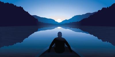 en man mediterar på en sjö omgiven av berg vektor