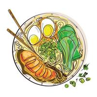 asiatisch Küche farbig skizzieren Zeichnung mit Hähnchen Miso Suppe mit Nudeln und Gemüse im ein Schüssel mit Essstäbchen oben Sicht. Hand gezeichnet Vektor Illustration. Essen Speisekarte Design Vorlage.asiatisch Essen Konzept