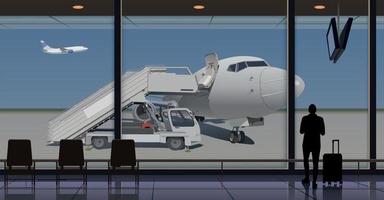 Passagiere im das Terminal sind warten zum Check-In zum einsteigen, das Flugzeug ist draußen das Fenster. Vektor. vektor